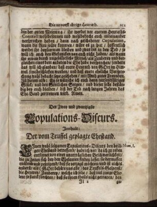 Der Zwey und zwantzigste Copulations-Discurs. Innhalt: Der vom Teuffel geplagte Ehestand - Der Vier und zwanzigste Copulations-Discurs. Innhalt: Gleich und gleich gesellet sich gern