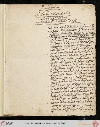 Praeloquium de Ordinibus Religiosis Mendicantibus in Dioecesi Wormatiensi