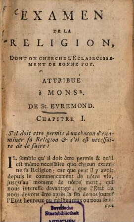 Examen de la réligion dont on cherche l'éclaircissement de bonne foy
