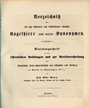 Verzeichniß der bis jetzt bekannten und beschriebenen lebenden Nagethiere und deren Synonymen