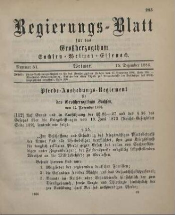 112. Pferde-Aushebungs-Reglement für das Großherzogthum Sachsen vom 17. November 1886
