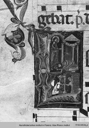 Antiphonarium I : Maria Magdalena salbt die Füße Christi und eine Frau gibt einem Bettelmönchen Almosen