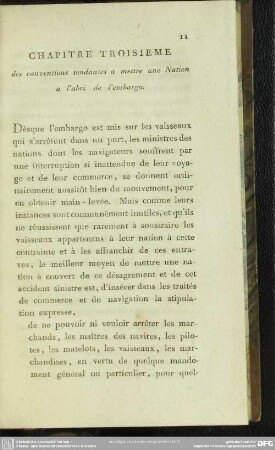 Chapitre Troisieme des conventions tendantes a mettre une Nation a l' abri de l' embargo
