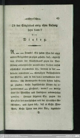 Ob der Erdglobus ewig ohne Anfang seyn kann?