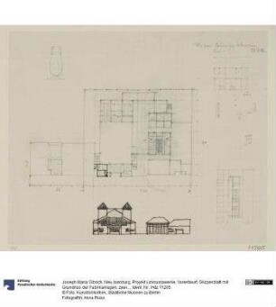 Neu Isenburg, Projekt Linkrustawerke, Vorentwurf, Skizzenblatt mit Grundriss der Fabrikanlagen, zwei Einzelgrundrissen, drei Aufrissen, verschiedenen Details und Notizen