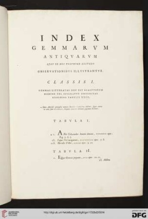 Index gemmarum antiquarum quae in hoc volumine secundo observationibus illustrantur