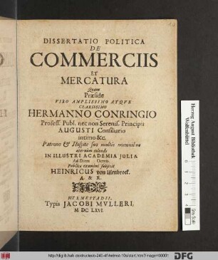 Dissertatio Politica De Commerciis Et Mercatura