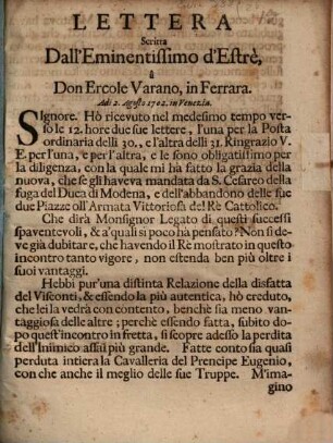 Lettera scritta dall'Eminentissimo d'Estrè à Don Ercole Varano in Ferrara