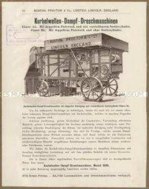 Landwirtschaftliche Maschinen der Ruston Proctor und Cie. in England