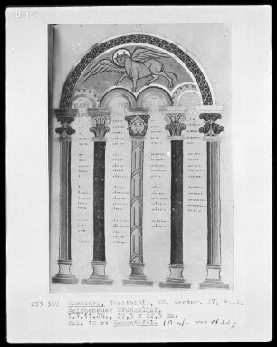 Reichenauer Evangeliar — Kanontafel mit einer Miniatur im Bogen, Folio 18recto