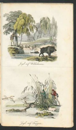 Tafel: Jagd auf Wildschweine. Jagd auf Trappen.