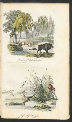 Tafel: Jagd auf Wildschweine. Jagd auf Trappen.