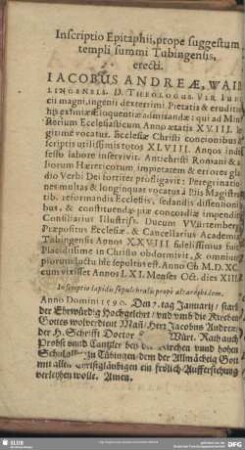 Inscriptio Epitaphii, prope suggestum templi summi Tubingensis, erecti