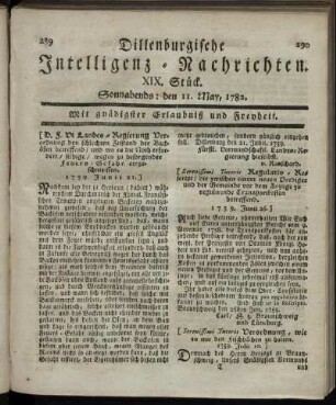 XIX. Stück. Sonnabends : den 11. May, 1782.