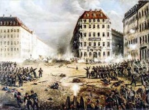 Sächsische und preußische Truppen beim Angriff auf die Barrikaden auf dem Dresdner Neumarkt 1849. Ölgemälde, unbekannter Künstler; 70 x 93 cm. Stadtmuseum Dresden 1978/K 439