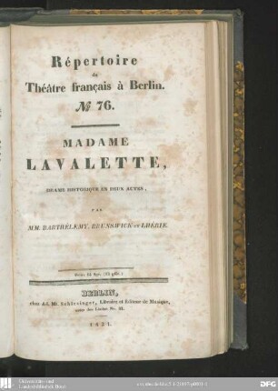 Madame Lavalette : drame historique en deux actes