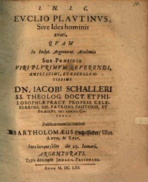 Euclio Plautinus, Sive Idea hominis avari