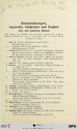 Handzeichnungen, Aquarelle, Oelskizzen u. Studien alter und moderner Meister (Nr. 1-235)