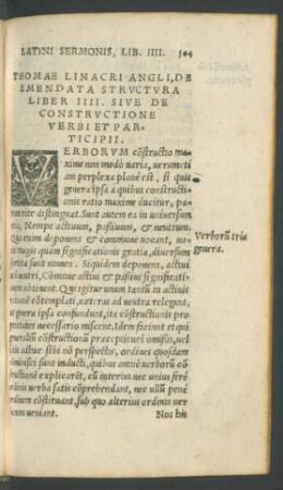 Thomae Linacri Angli, De Emendata Structura Liber IIII. Sive De Constructione Verbi Et Participii.