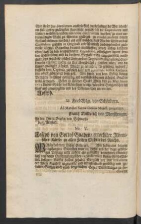 No. V. Joseph von Gottes Gnaden/ erwehlter Römischer Käyser zu allen Zeiten Mehrer des Reichs