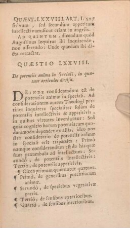 Quaestio LXXVIII. De potentiis animae in speciali, in quatuor articulos divisa.