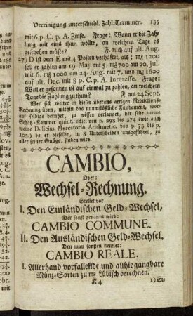 Cambio, Oder: Wechsel-Rechnung. - Cambio Reale, Oder: Ausländischer Wechsel.