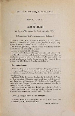 Compte rendu de l'assemblée mensuelle du Société Entomologique de Belgique. 1/7. 1874