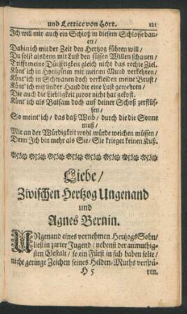 Liebe/ Zwischen Hertzog Ungenand und Agnes Bernin.
