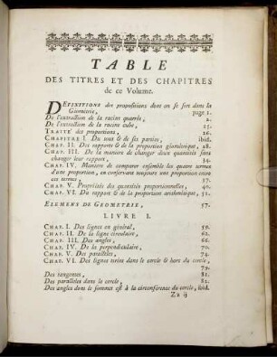 Table des Titres et des Chapitres de ce Volume.
