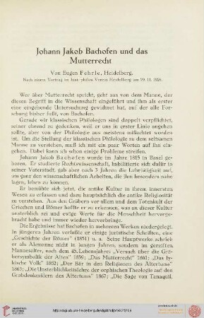 Neue Folge 1927: Johann Jakob Bachofen und das Mutterrecht : nach einem Vortrag im hist.-philos. Verein Heidelberg am 29.11.1926