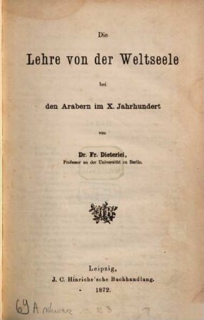 Die Lehre von der Weltseele bei den Arabern im X. Jahrhundert