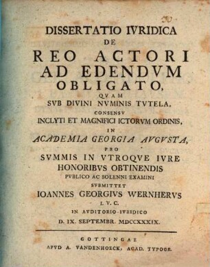 Dissertatio ivridica de reo actori ad edendum obligato