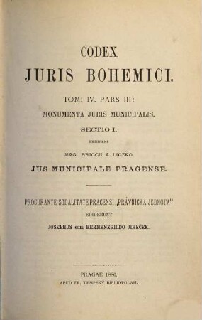 Codex juris Bohemici, 4,3,1. Monumenta juris municipalis : jus municipale Pragense