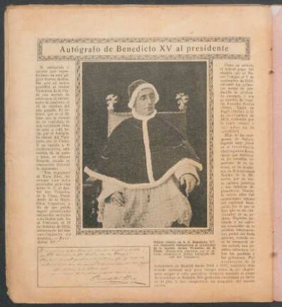 Autógrafo de Benedicto XV al presidente