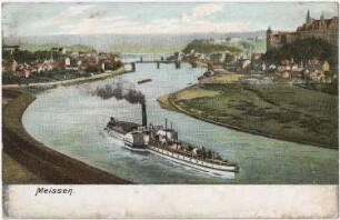 Meißen-Proschwitz. Stadtansicht mit Dampfer, kolorierte Ansichtskarte