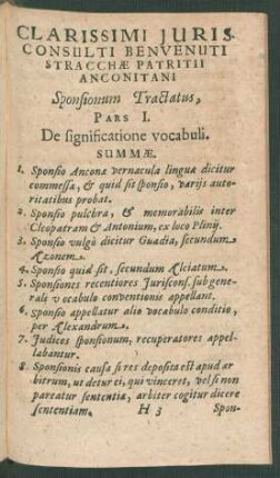 Clarissimi Iuris Consulti Benvenuti Stracchae Patritii Anconitani Sponsionum Tractatus, Pars I. De significatione vocabuli.