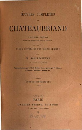 Oeuvres complètes de Chateaubriand : Précédé d'une étude littéraire sur Chateaubriand par [Charles Augustin] Sainte-Beuve. Vignettes dessinées par G. Staal [u.a.]. 9