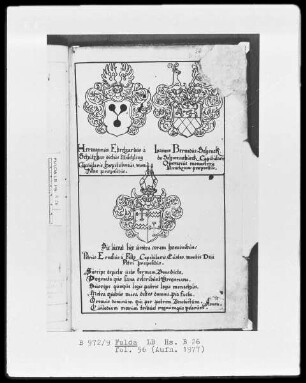 Illustrationen zur Vita Sancti Benedicti & Bis-Bini-Vita — Zierseite mit verschiedenen Wappen, Folio 56 recto