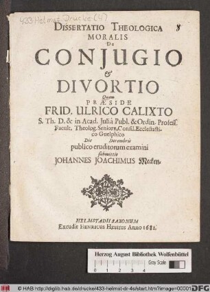 Dissertatio Theologica Moralis De Coniugio & Divortio
