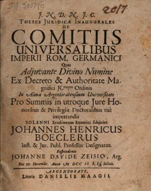 Theses Juridicae Inaugurales De Comitiis Universalibus Imperii Rom. Germanici
