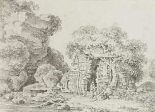 Landschaft mit Hütte unter Baum, davor stehender Mann und sitzende Frau