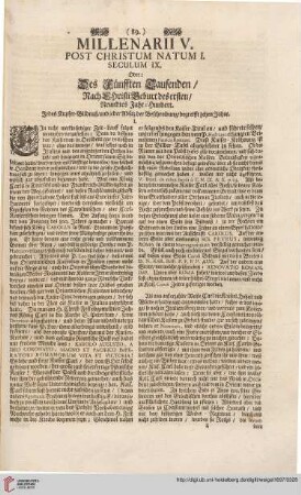 Millenarii V. post Christum natum I. Seculum IX.