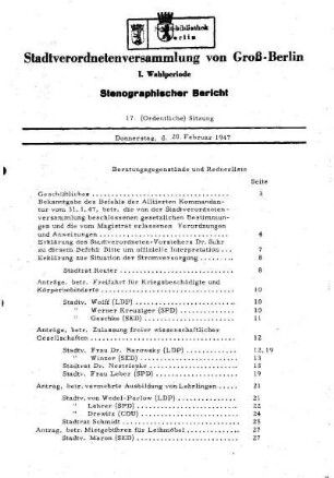 Nr. 17, 20. Februar 1947, Ordentliche Sitzung