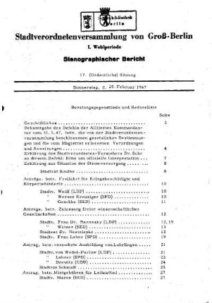 Nr. 17, 20. Februar 1947, Ordentliche Sitzung