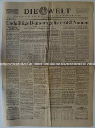 Tageszeitung "Die Welt" mit Titel zu den Demontagen deutscher Industrieanlagen als Reparationsleistung in der britischen Besatzungszone
