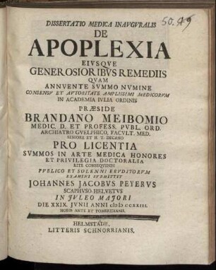 Dissertatio Medica Inavgvralis De Apoplexia Eivsqve Generosioribvs Remediis