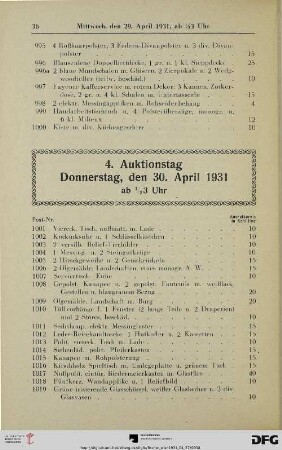 4. Auktionstag, Donnerstag, den 30. April 1931 ab ½3 Uhr (Nr. 1001-1350)