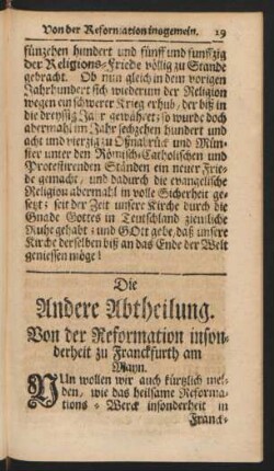 Die Andere Abtheilung. Von der Reformation insonderheit zu Franckfurth am Mayn.
