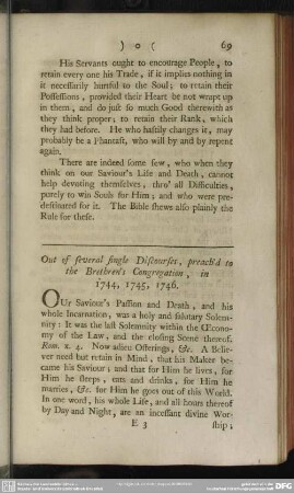 Out of several single Discourses, preach'd to the Brethren's Congregation, in 1744, 1745, 1746