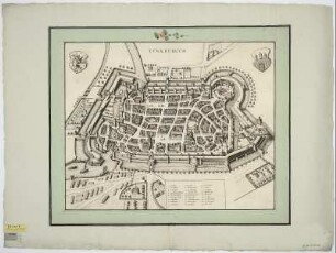 Vogelschauplan von Lüneburg, 1:3 500, Radierung, um 1682 : [Lunaeburgum] Lvnaeburgvm. - [Ca. 1:3 500]. - [Amsterdam] , [um 1682]. - 1 Vogelschauplan : Radierung u. Kupferst. ; 50 x 39 cm Titel oben Mitte. - Ohne Kt.-Netz. - Mit Gebäudeverz. - Mit 2 Wappen